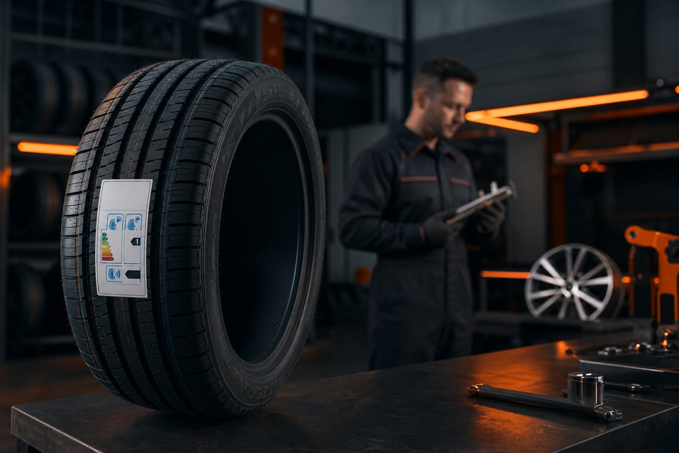 Pneu novo em oficina com etiqueta de certificação sendo analisada antes da montagem